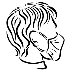young man in a medical mask with a smile, black outline