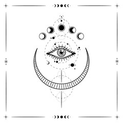 Vector illustration set of moon phases. Different stages of moonlight activity in vintage engraving style. Zodiac Signs