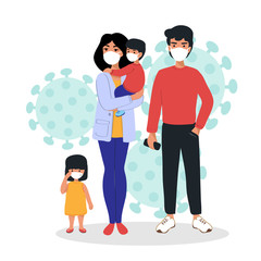 Vector illustration with family protective face masks. Epidemic disease concept. Corona virus. China people