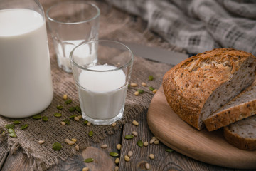 Meal with milk and bread on World Milk Day in the country. Horizontal shot from above.