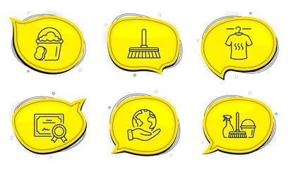 Sponge sign. Diploma certificate, save planet chat bubbles. Dry t-shirt, Cleaning mop and Household service line icons set. Laundry shirt, Sweep a floor, Cleaning equipment. Cleaner bucket. Vector
