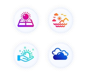 Sun energy, Sea mountains and Sunny weather icons simple set. Button with halftone dots. Cloudy weather sign. Solar panels, Summer travel, Hold sun. Sky climate. Nature set. Vector