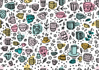 doodle illustration. black lineart mug of coffee. seamless pattern for background. spring colors