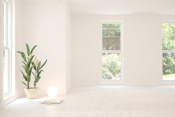 Stylish empty living room in white color with summer landscape in window. Scandinavian interior design. 3D illustration