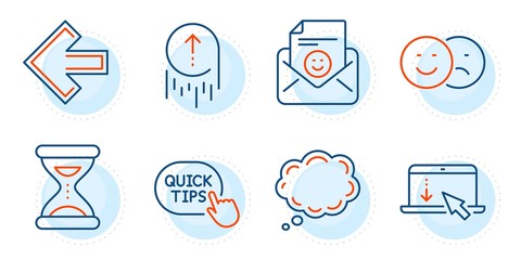 Swipe up, Quick tips and Like signs. Smile, Scroll down and Comic message line icons set. Left arrow, Time symbols. Positive mail, Landing page. Technology set. Outline icons set. Vector