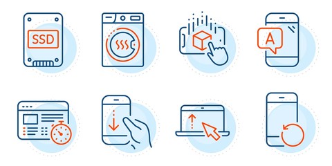 Swipe up, Web timer and Ab testing signs. Ssd, Scroll down and Recovery phone line icons set. Augmented reality, Dryer machine symbols. Solid-state drive, Swipe phone. Technology set. Vector