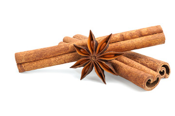 Cinnamon and anise star isolated on white background.
