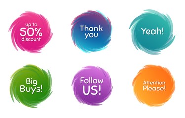 Swirl motion circles. Follow us, 50% discount and attention please. Thank you phrase. Sale shopping text. Twisting bubbles with phrases. Spiral texting boxes. Big buys slogan. Vector