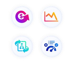 Technical algorithm, Dollar exchange and Line chart icons simple set. Button with halftone dots. Correct answer sign. Project doc, Money refund, Financial graph. Approved. Education set. Vector