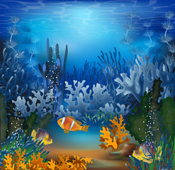 Fototapeta na wymiar Underwater wallpaper with tropical fish, vector illustration