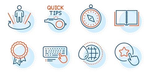 Travel compass, Tutorials and Computer keyboard signs. Success, Augmented reality and Book line icons set. World water, Loyalty star symbols. Award reward, Virtual reality. Business set. Vector