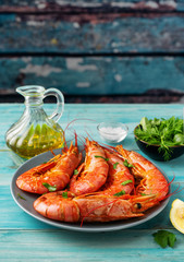 Vertical shot of red argentinian prawns with ingredients