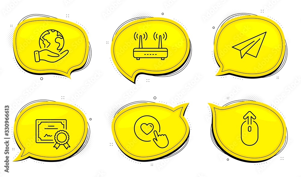 Poster wifi sign. diploma certificate, save planet chat bubbles. paper plane, swipe up and like button line