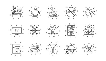 Wi-Fi, Air conditioning and Coffee maker machine. Hotel service line icons. Spa stones, swimming pool and hotel parking icons. Linear set. Geometric elements. Quality signs set. Vector