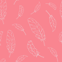 Seamless pattern with feathers. Seamless background. Contour drawing. Vector illustration. Flat. White outline. Pink background.