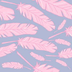 Fototapeta na wymiar Seamless background with feathers. The pattern is seamless. Vector illustration. Hand-drawn. Lots of feathers. Stock vector illustration. Pink feathers on a purple background.