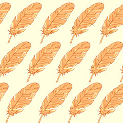 Seamless background with feathers. The pattern is seamless. Vector illustration. Hand-drawn. Lots of feathers. Stock vector illustration. Yellow feathers in a row.