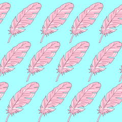 Seamless background with feathers. The pattern is seamless. Vector illustration. Hand-drawn. Lots of feathers. Stock vector illustration. Pink feathers on blue.