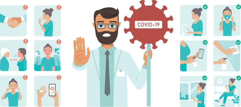 Coronavirus Covid-19 Protection Tips. Doctor Character Holding STOP Sign