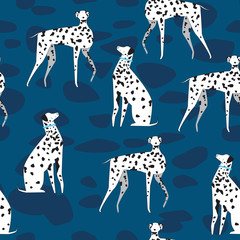 Seamless pattern with doberman on a blue background for printing on fabric or textile and baby clothes, vector stock illustration with dog or dobermans