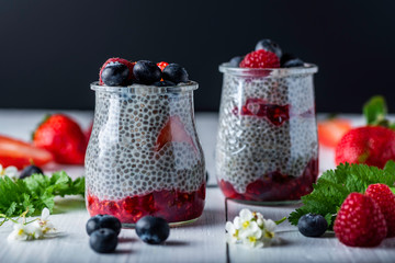 semillas de chia con leche de coco sobre un fondo blanco