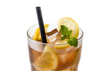 Iced tea drink with lemon in glass isolated on white background