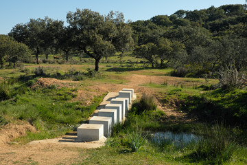 Paso sobre un arroyo de la Vía de la Plata en Extremadura, en el Parque Natural de Cornalvo.