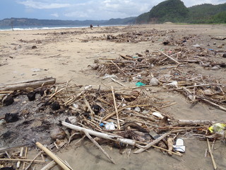 Rubbish in the beach make looks dirty and messy. the pollution because many plastic, wood and others waste.