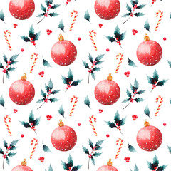 Watercolor seamless Christmas pattern. Winter holiday pattern for greeting cards, print, fabric, wrapping paper. New Year texture wallpaper with holy plant, candy cane, Christmas balls.