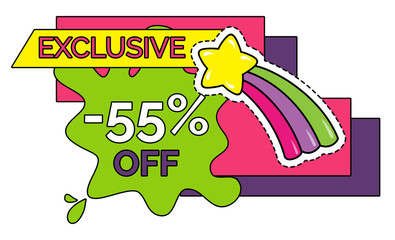 Exclusive sticker with 55 percent off isolated promo label with rainbow and star. Vector illustration of shopping tag, fifty five percent off promotional coupon. Card with price reduction info