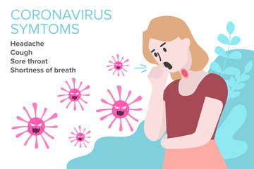 Sign Infographic with Cartoon has Cough, Fever, Sore Throat and Cold in Coronavirus or Covid-19 Outbreak. 