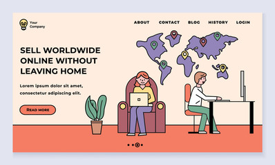 Sell worldwide online without leaving home. Woman and man using laptop to trade products in internet. People at house dealing with dropshipping system. Website or webpage template, landing page vector