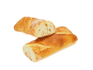 French baguette cut in half isolated on a white background