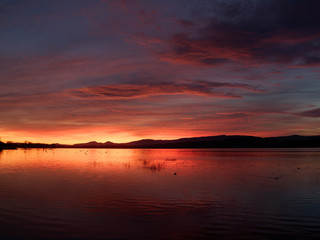 Beautiful sunset at the Murten Lake in Switzerland.