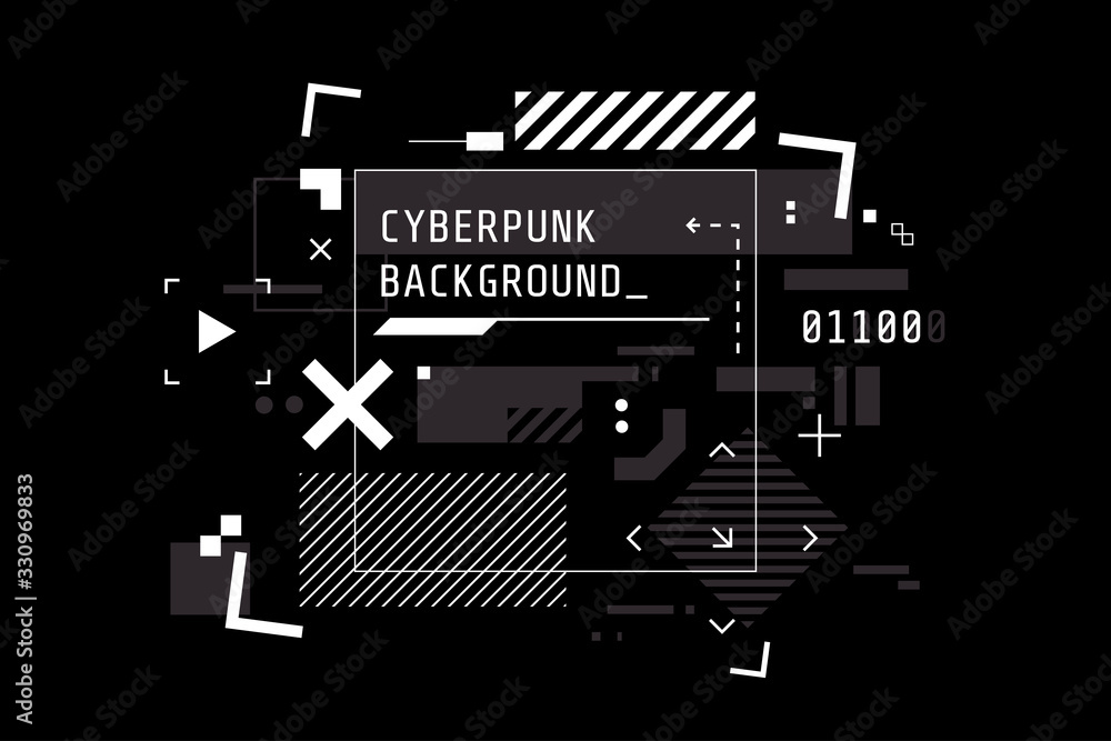 Poster Modern cyberpunk background in black and white color. Abstract high tech banner with place for text. Digital screen in HUD style. Futuristic glitch illustration. Use for t-shirt design,club poster.