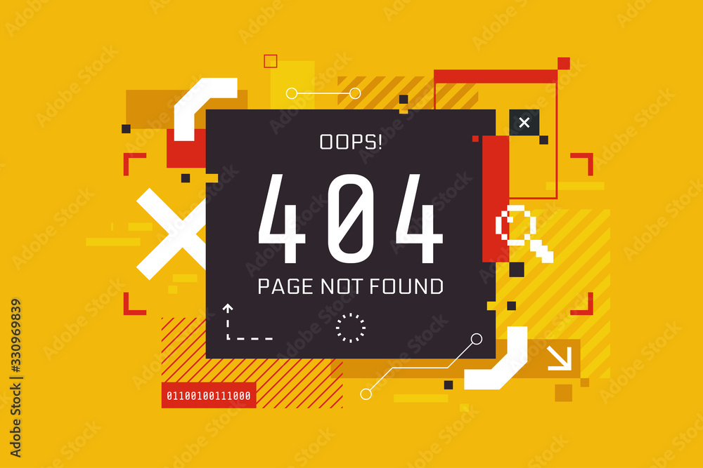 Poster 404 error page design in high tech style. Page not found banner concept for your website. Modern abstract technology background. Error message creative vector illustration.