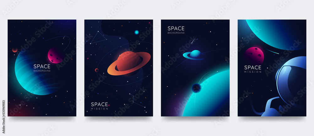 Wall mural space poster set. outer space background with place for text. cosmos scenes with planets, stars, com