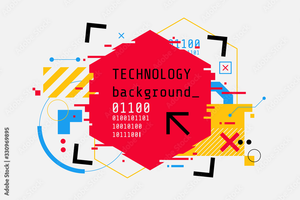 Poster Abstract technology colorful background in cyberpunk style. High tech banner design with place for text. Digital screen with HUD elements. Futuristic glitch illustration. Use for t-shirt, club poster.