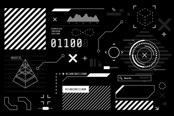 Vector HUD graphic in futuristic style. High tech interface elements for your design. Digital touch screen. Sci-fi user interface builder collection. Black and white colors. Vector illustration.