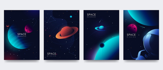 Space poster set. Outer space background with place for text. Cosmos scenes with planets, stars, comets. Vector illustration of galaxy. Greeting card collection in sci-fi style. © alexandertrou