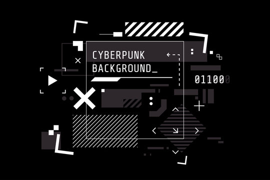 Modern cyberpunk background in black and white color. Abstract high tech banner with place for text. Digital screen in HUD style. Futuristic glitch illustration. Use for t-shirt design,club poster.