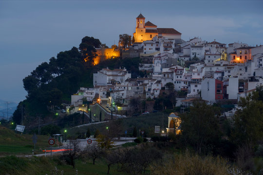 night views of the town of Alozaina in Malaga, Spain