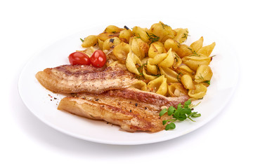 Fried pork Bacon with conchiglie pasta, isolated on white background
