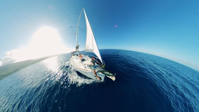 Half-round panorama of a drifting vehicle with people on it. Summer sea holiday vacations.