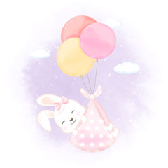 Cute rabbit with balloon hand drawn newborn cartoon illustration