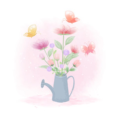 Flowers inside watering can and butterflies hand drawn illustration