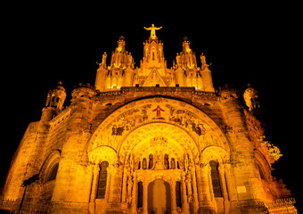 Fototapeta na wymiar Fragment of the Temple of the Sacred Heart of Jesus at night on Mount Tibidabo. Barcelona, Spain