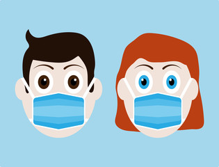 Male and female faces in protective medical masks. Cartoon vector illustration.