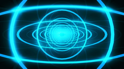 3d rendering. glowing blue beam light circular rings tunnel hole wall background.