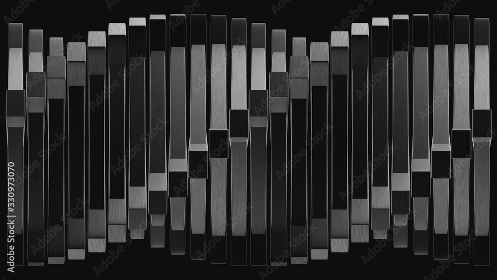 Poster 3d rendering. abstract modern rotation twist black square panel stack background.